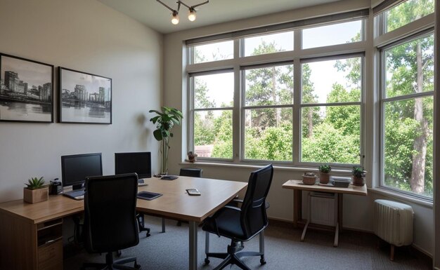 Photo contemporary home office with sleek furniture large windows and a variety of succulents