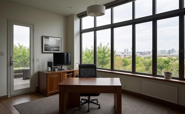 Photo contemporary home office with sleek furniture large windows and a variety of succulents