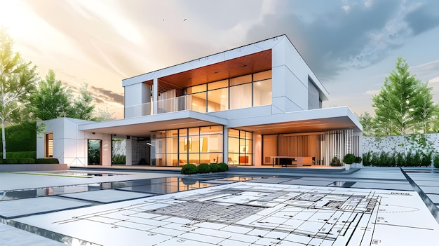 A contemporary home for sale that features a comprehensive blueprint in the forefront to highlight i