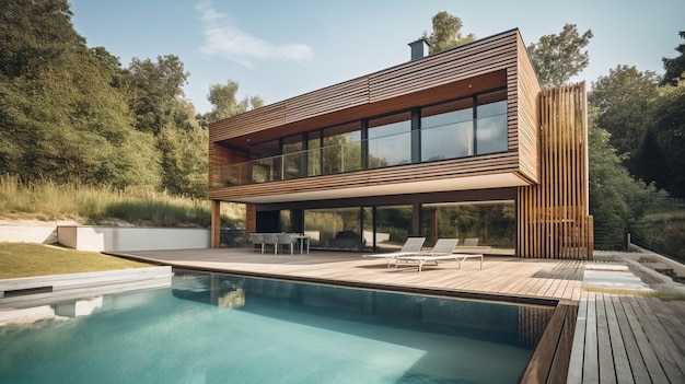 Contemporary home with a garden pool and wooden deck as well as Generative AI