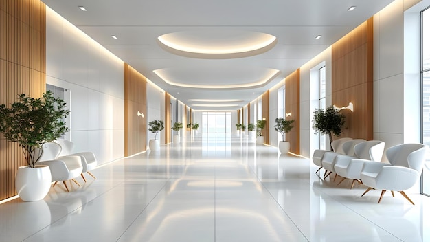 Contemporary hospital corridor featuring empty white chairs in a medical office waiting room Concept Hospital Interior Medical Office Decor Waiting Room Design White Chairs