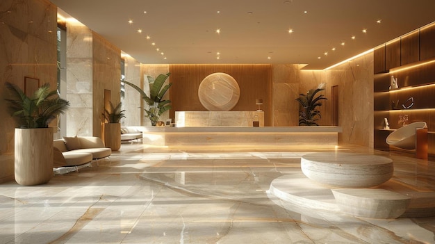 A contemporary hotel lobby with reception staff ensuring comfort