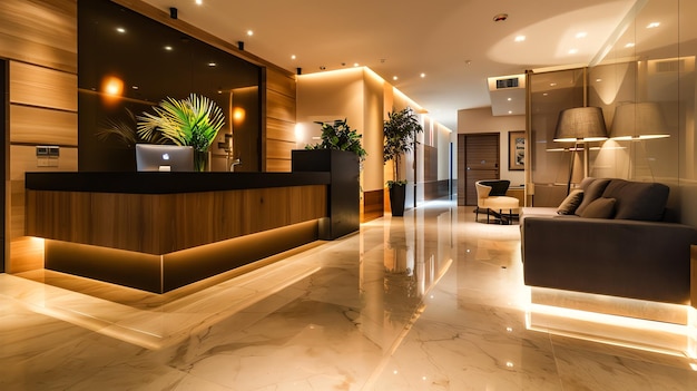 Photo a contemporary hotel lobby with a stylish reception desk and comfortable seating area