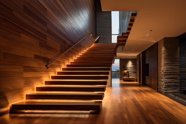 Contemporary house with an illuminated wooden staircase positioned horizontally