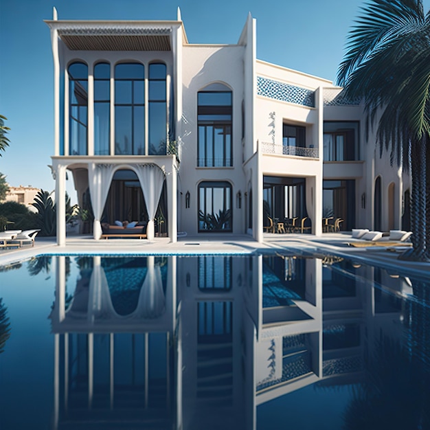 A contemporary houses with pool in daylight and blue sky