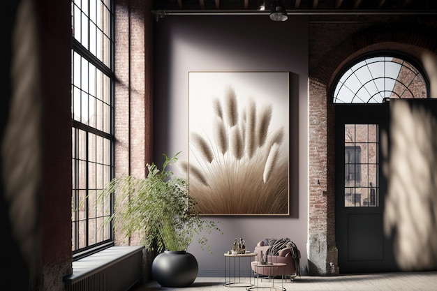 A contemporary industrial space with a basket of pampas grass