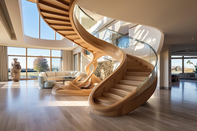 Contemporary interior design in a new home features stylish stairs made of organic ash tree wood