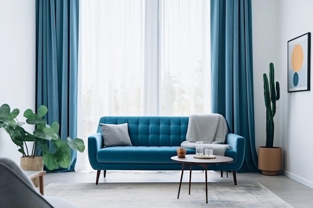 Contemporary Interior with Blue Sofa and Curtains Generative AI