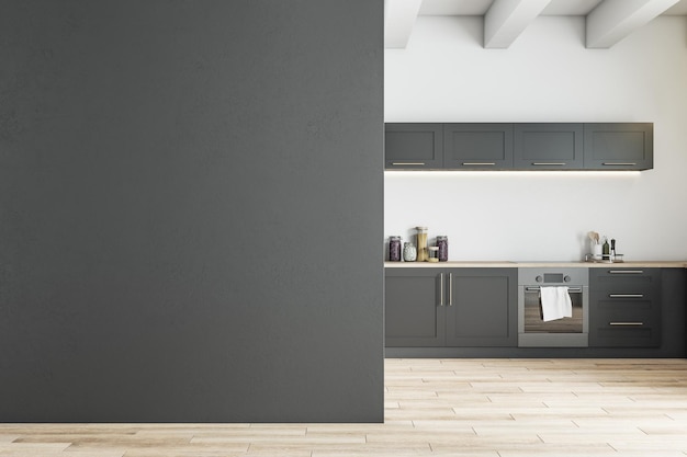 Contemporary kitchen interior with blank gray wall