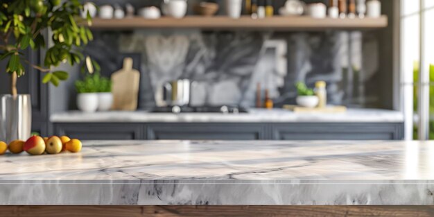 Photo contemporary kitchen island with marble table top with kitchen blurry loose focal background