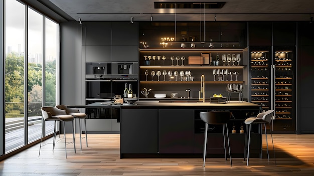 contemporary kitchen in a modern style wooden floor dark grey interior kitchen isla Generative AI