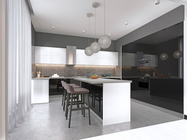 Contemporary kitchen with a black glossy facade with an island and bar stools. 3d rendering