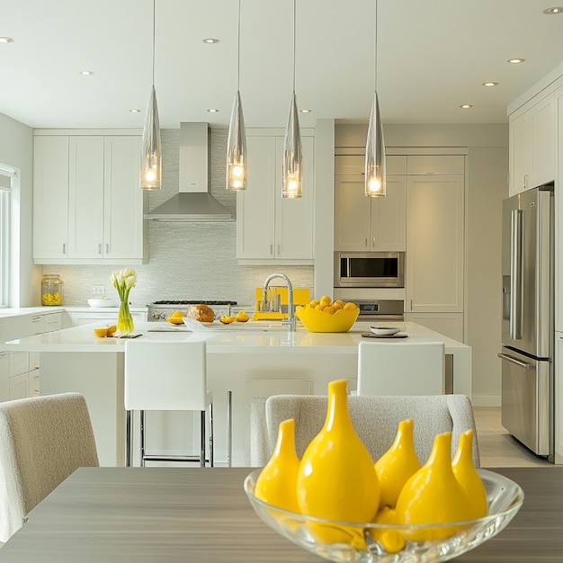 A contemporary kitchen with a fresh palette of white light gray and pops of yellow