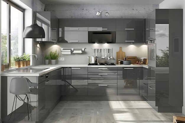 Photo a contemporary kitchen with gray cabinets