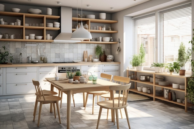 A contemporary kitchen with grey patterned tiles and wooden furnishings There is a large window allo