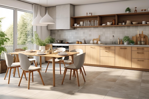 A contemporary kitchen with grey patterned tiles and wooden furnishings There is a large window allo