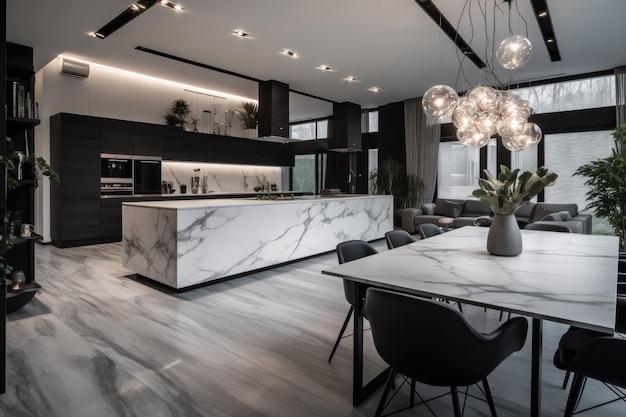 Contemporary kitchen with a spacious marble island and dining table Generative AI