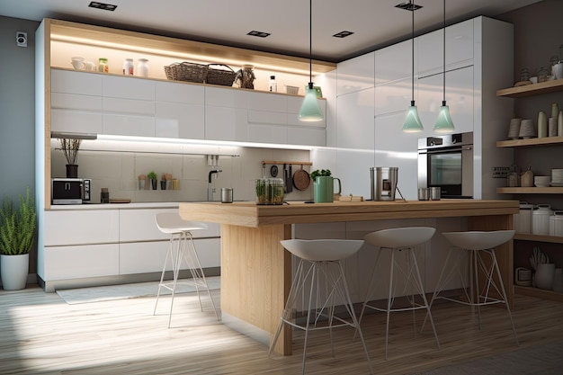 Contemporary kitchen with a stylish bar and comfortable stools Generative AI