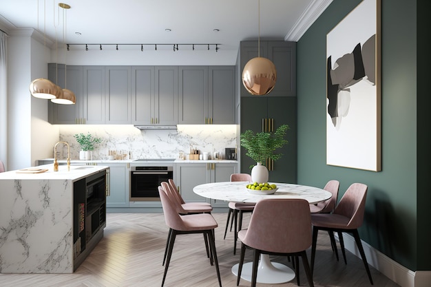 A contemporary kitchens interior features a granite kitchen island hardwood furnishings