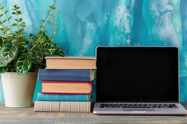 A contemporary learning space featuring a laptop and a stack of textbooks perfect for online courses and educational platforms Generative AI