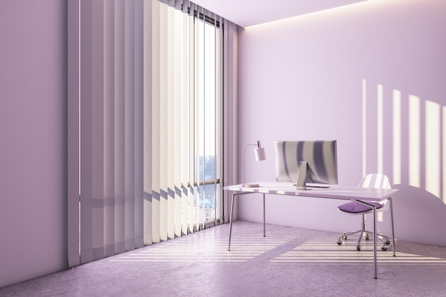 Contemporary light pink home office workplace with daylight 3D Rendering