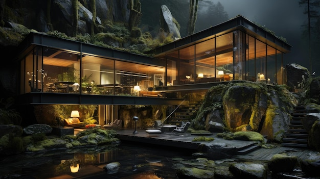 Contemporary Living Amidst the Lush Jungle Modern Jungle Home with a Beautiful Tropical Backdrop Generative AI