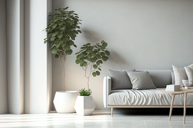 A contemporary living area with plants and a wooden table