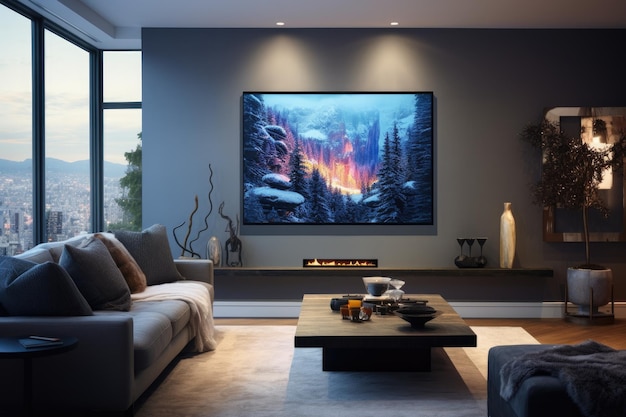 A contemporary living room features a sleek digital display mounted on the wall