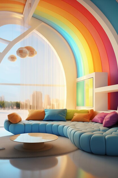 Photo contemporary living room featuring rainbow arch decor colorful modern space