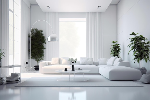 Contemporary living room featuring white furniture and greenery Generative AI