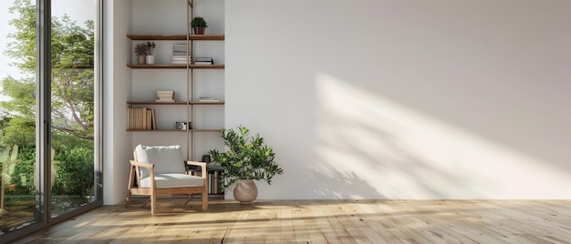 a contemporary living room featuring a white wall wooden floors minimalist bookshelf armchair