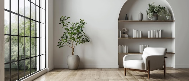 a contemporary living room featuring a white wall wooden floors minimalist bookshelf armchair