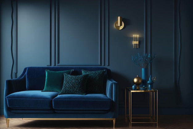 A contemporary living room interior featuring a blue velvet sofa a unique side table