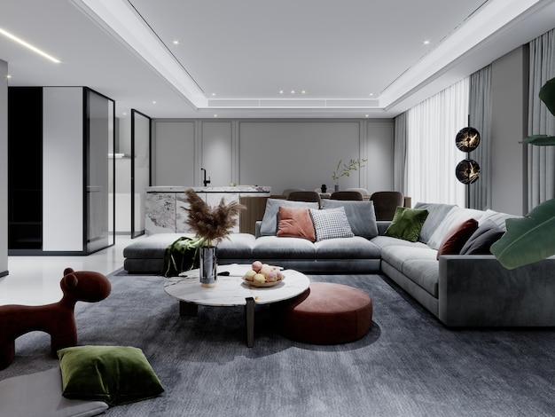 Contemporary living room in white and gray with a large gray corner sofa with tv area and seating area