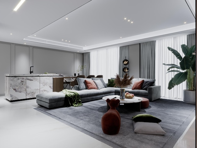 Contemporary living room in white and gray with a large gray corner sofa with tv area and seating area