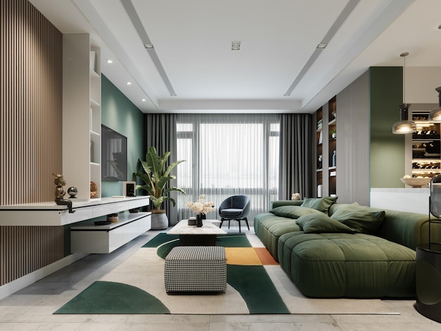 Contemporary living room with green walls and green elements in the interior and a green sofa and planks on the walls 3D rendering