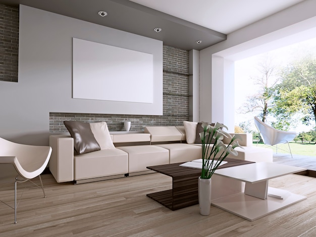 Contemporary living room with large window overlooking the backyard. 3D rendering