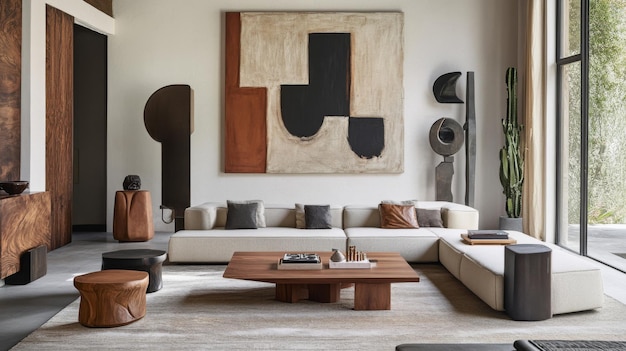 A contemporary living room with a modular sofa modern art on the walls and a mix of textures including leather wood and metal