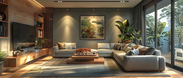 Contemporary living room with neutral gray walls light wood details and a large poster