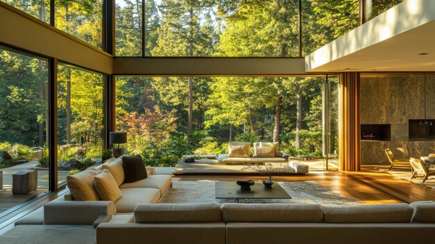 Contemporary living room with open floor plan large windows facing a peaceful garden forest