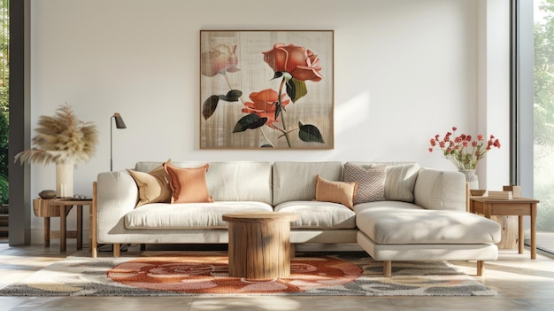 Contemporary living room with rose painting illustration art frame AI generated image