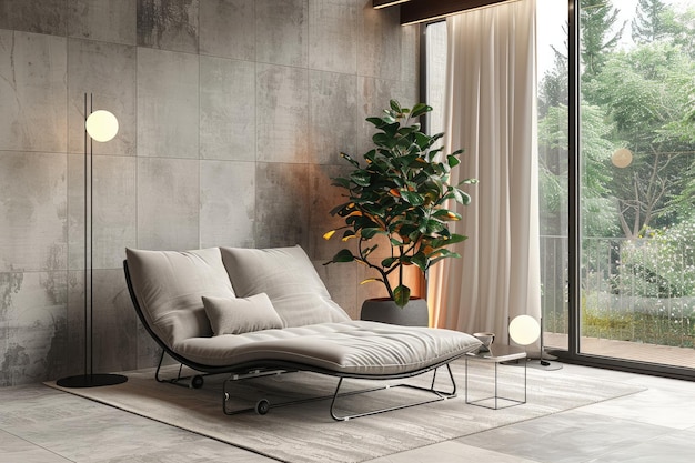 A Contemporary Living Space with a Curved Sofa a Lush Plant and a View of Greenery Through a Window