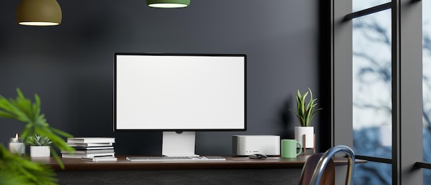 Contemporary loft office workspace interior with modern PC desktop computer mockup on table