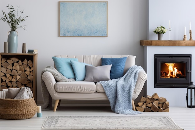 Contemporary LoftStyle Bedroom with Comfy Sofa Fireplace Brick Wall and Stylish Decor