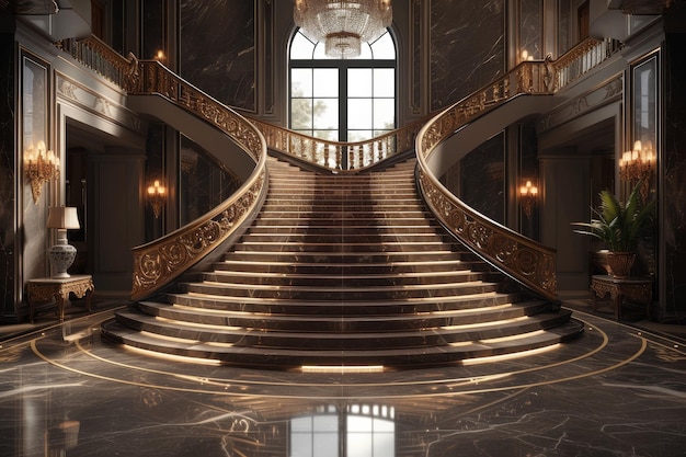 A contemporary luxury villa interior showcasing a grand staircase with sweeping curves