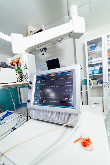 Contemporary medical system in the operating room Monitor and machine ventilator in hospital theater Modern equipment to show vital signs of a patient in the hospital