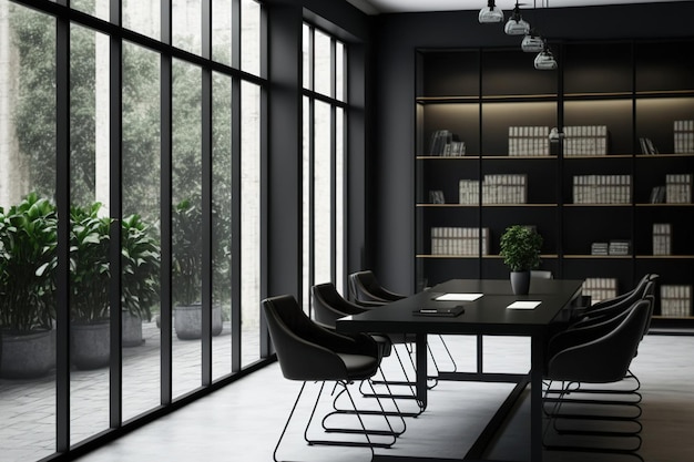 A contemporary meeting rooms interior features bookcases a huge conference table gray walls and a concrete floor