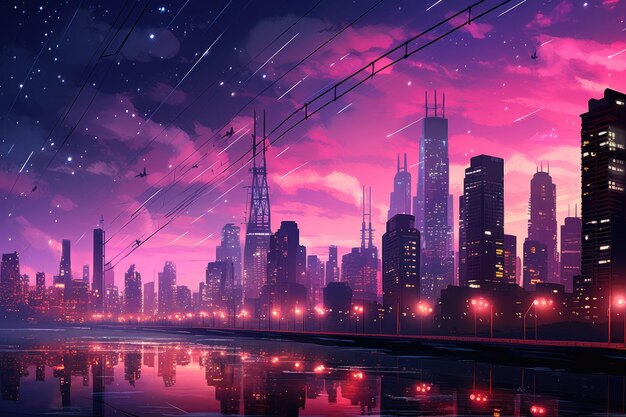 A contemporary metropolis with a wireless network connection and a cityscape theme. Wireless network and connection technology idea with nighttime city backdrop. Illustration of exceptional quality