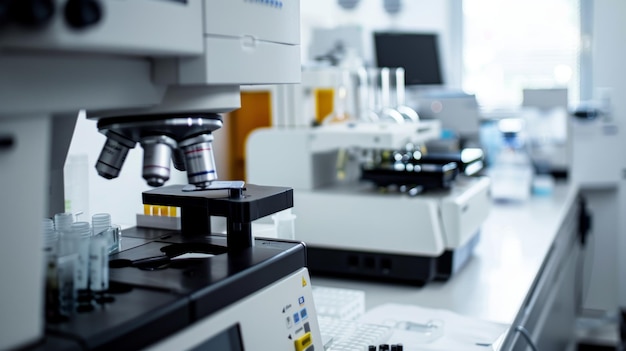 Contemporary microscope placed on a lab bench with other equipment blurred in the background