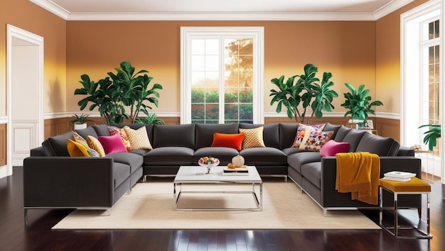 Contemporary minimal simple clean living room interior design detail with stunning leather red sofa